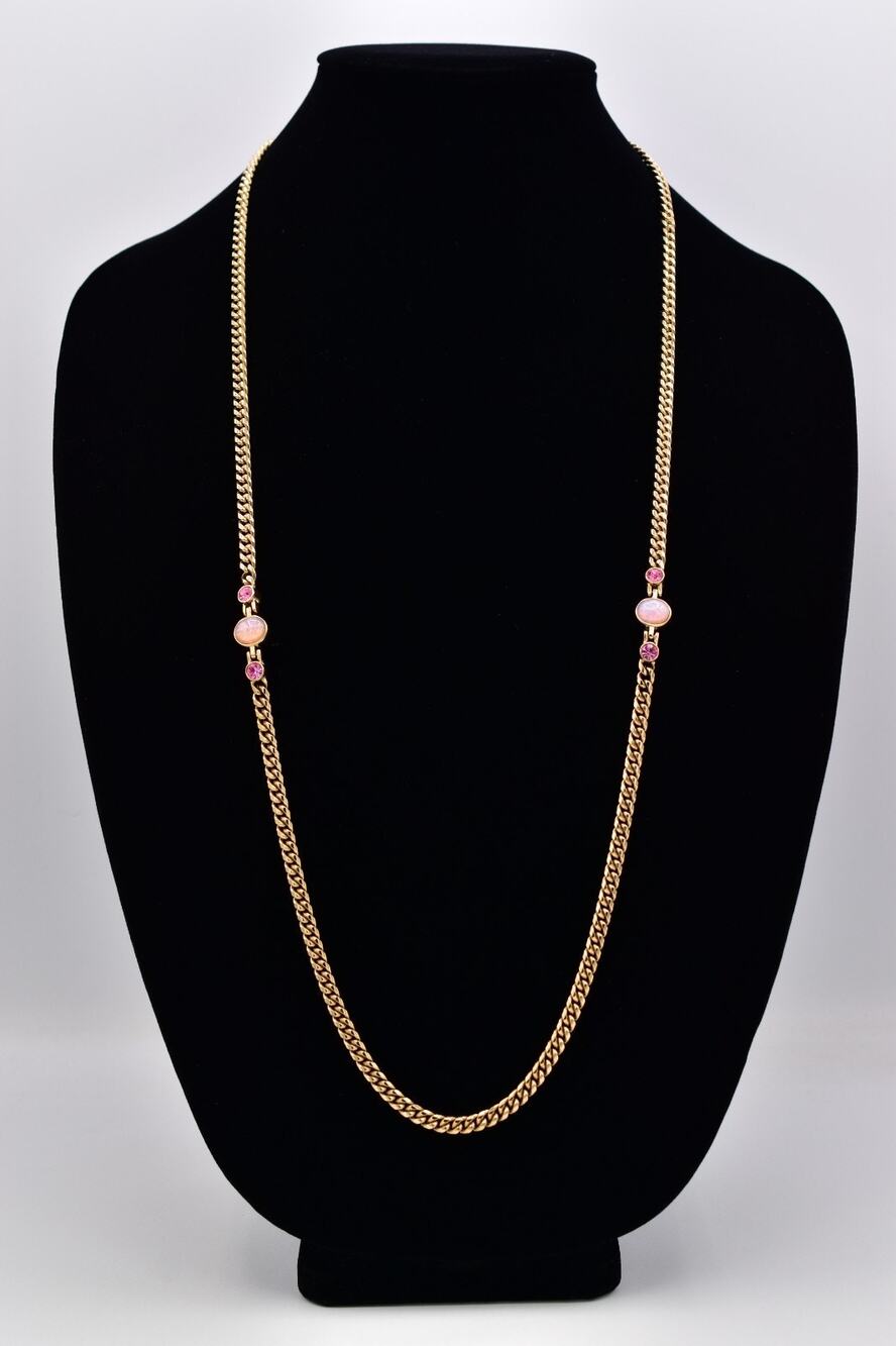 Givenchy Vintage Pink Opalescent Cabochon Crystal Gold Chain Necklace 1980s Bin2